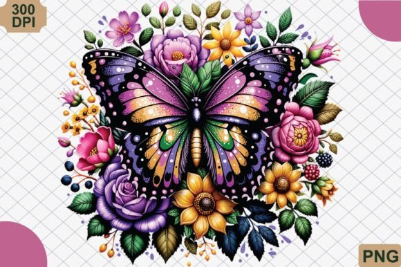 Colorful Butterfly Sunflower Floral PNG