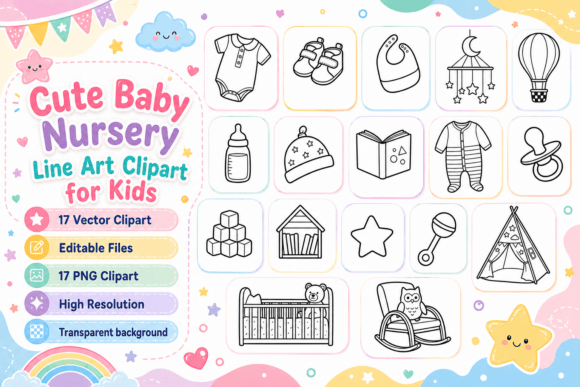 Cute Newborn Items Line Art Clipart: A Versatile Resource for Modern Nursery Design and Crafting