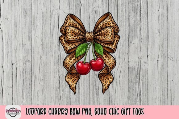 Leopard Cherry Bow PNG, Boho Chic Gift Tags: Elevating Everyday Crafts with Wild Elegance